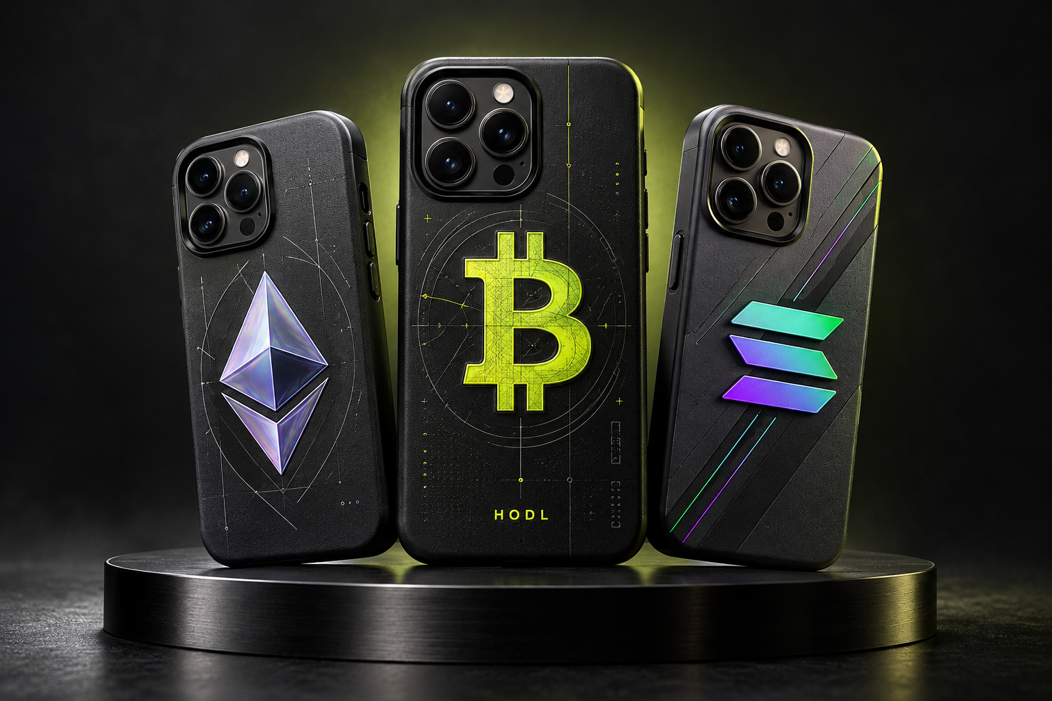 BTC、ETH、SOL 三款霓虹金属加密文化手机壳视觉大片